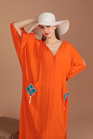 Viskon Kumaş Aplike Nakışlı Püskül Detay Kadın Elbise-Oranj