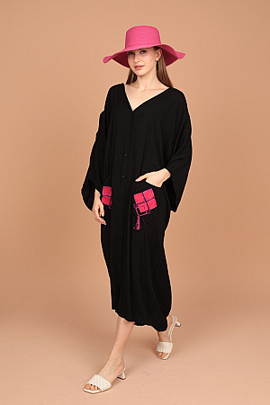 Viskon Kumaş Aplike Nakışlı Püskül Detay Kadın Elbise-Siyah