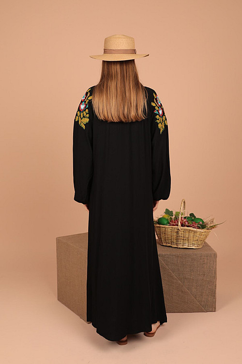 Viskon Kumaş Kanaviçe Nakışlı Kadın Elbise-Siyah