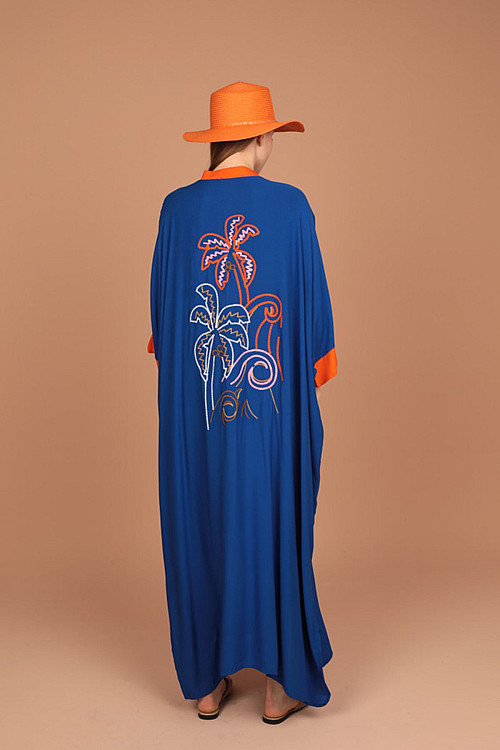 Viskon Kumaş Sırtı Palmiye Nakışlı Garnili Kadın Elbise-Saks