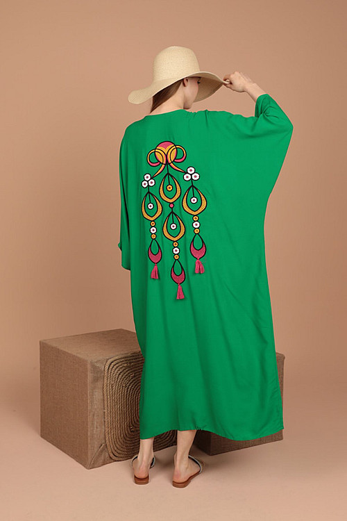 Viskon Kumaş Etnik Nakışlı Kadın Elbise-Yeşil