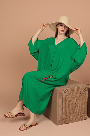 Viskon Kumaş Etnik Nakışlı Kadın Elbise-Yeşil