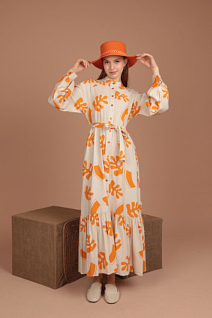 Flamlı Keten Kumaş Yaprak Desen Kadın Elbise-Oranj
