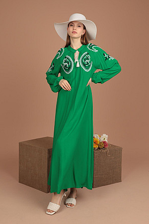 Viskon Kumaş Nakış Espirili Kadın Elbise-Yeşil