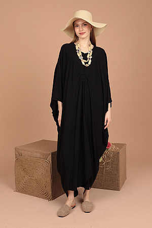 Viskon Kumaş Önü Halkalı Kadın Elbise-Siyah