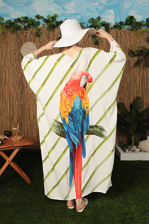Viskon Kumaş Papağan Desenli Salaş Kadın Elbise-YAĞ YEŞİLİ