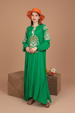 Viskon Kumaş Nakışlı Kadın Elbise-Yeşil