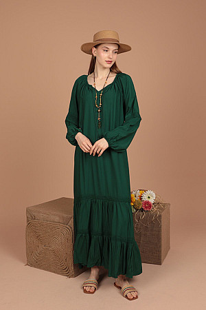 Viskon Kumaş Dantel Espirili Salaş Kadın Elbise-Zümrüt Yeşil