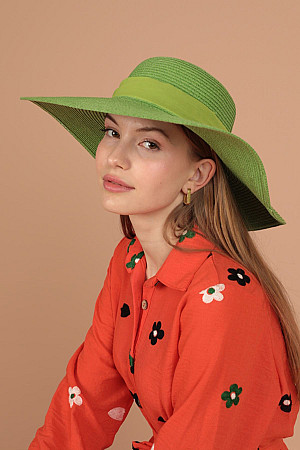 Hasır Fiyonk Detaylı Kadın Şapka-Yeşil