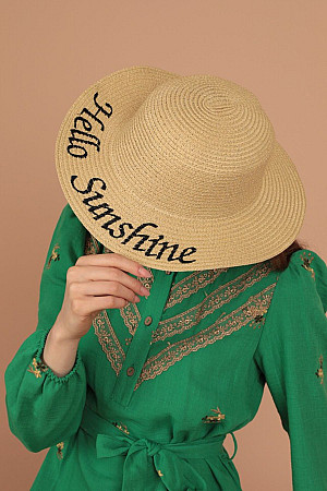 Hasır Hello Sunshine Nakışlı Kadın Şapka-AÇIK BEJ