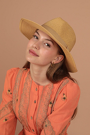 Hasır Şerit Detaylı Kadın Şapka-AÇIK BEJ