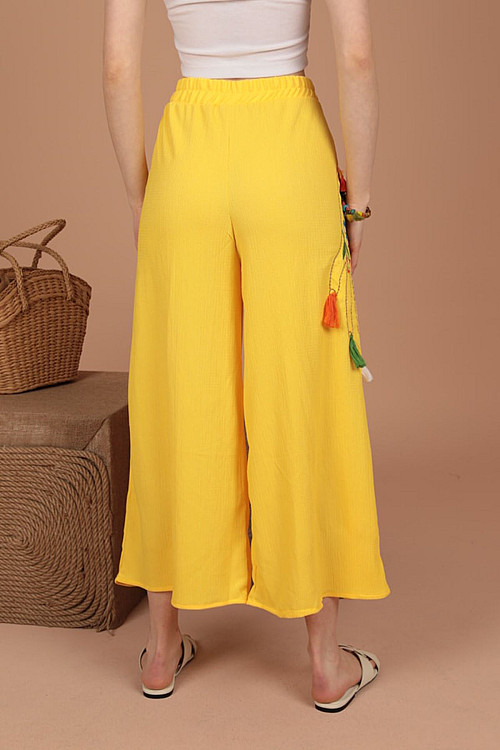 Bürümcük Kumaş Nakış Detaylı Kadın Pantolon-Sarı