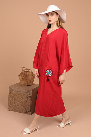 Viskon Kumaş Arkası Nakışlı Düğmeli Kadın Elbise-Kırmızı