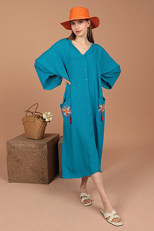 Viskon Kumaş Arkası Nakışlı Düğmeli Kadın Elbise-Mavi