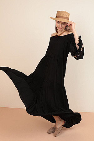 Viskon Kumaş Madonna Kolu Nakışlı Kadın Elbise-Siyah