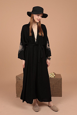 Viscose Fabric Shiny Embroidery Women&#39;s Kimono-Black
