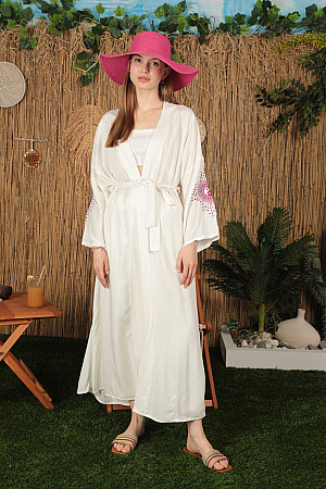 Viscose Fabric Shiny Embroidery Women&#39;s Kimono-Ecru