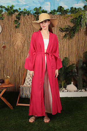 Viscose Fabric Bright Embroidery Women&#39;s Kimono-Fuchsia