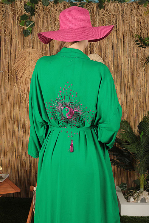 Viskon Kumaş Parlak Nakış Kadın Kimono-Yeşil