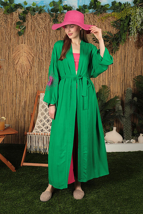 Viskon Kumaş Parlak Nakış Kadın Kimono-Yeşil
