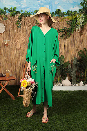 Viskon Kumaş Nazar Boncuklu Baskılı Kadın Elbise-Yeşil