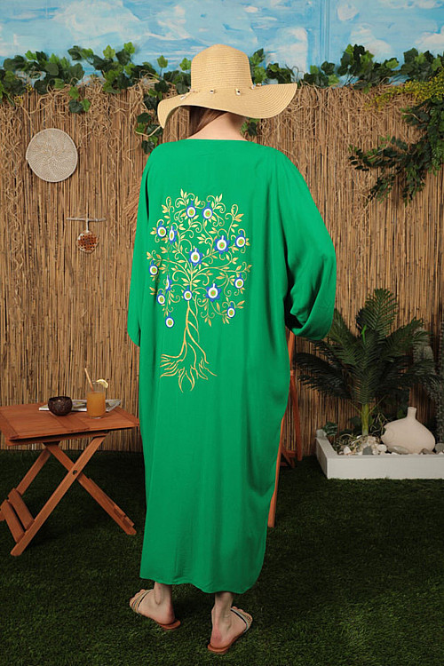Viskon Kumaş Nazar Boncuklu Baskılı Kadın Elbise-Yeşil