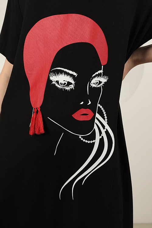 Viskon Örme Kumaş Yüz Baskılı Kadın Elbise-Siyah-Kırmızı