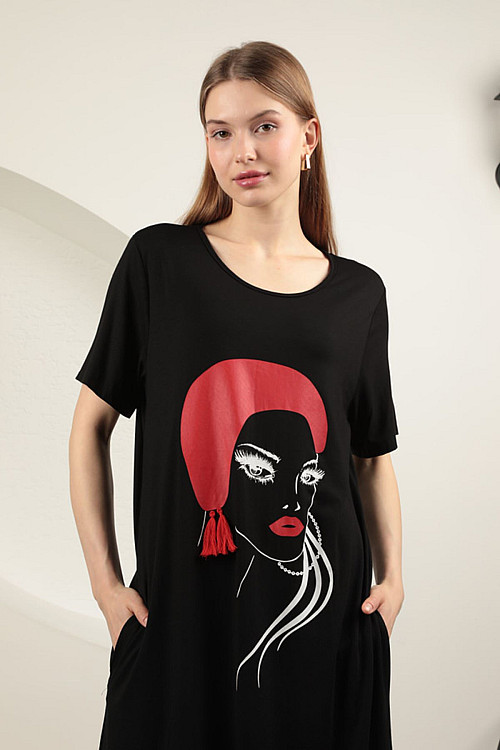 Viskon Örme Kumaş Yüz Baskılı Kadın Elbise-Siyah-Kırmızı