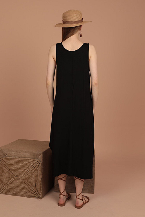Viskon Kumaş Önü Nakışlı Örme Kadın Elbise-Siyah