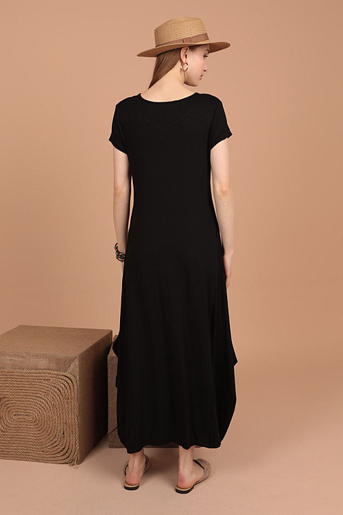 Viskon Örme Kumaş Baskılı Kadın Elbise-Siyah
