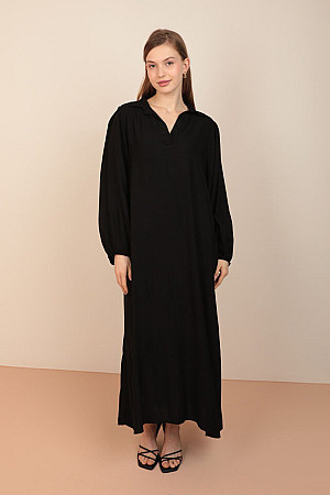 Viskon Kumaş Gömlek Yaka Kadın Elbise-Siyah