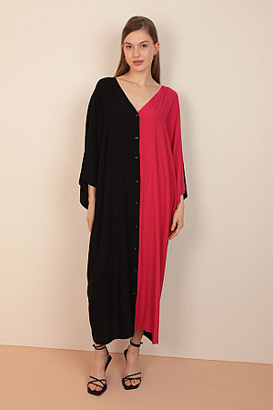 Viskon Kumaş Garnili Sırtı Aplike Nakışlı Kadın Elbise-Siyah-Fuşya
