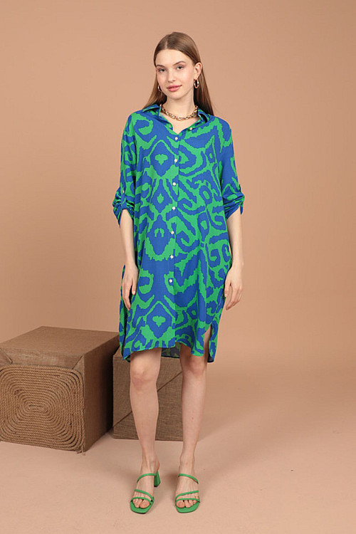 Viskon Kumaş Zebra Desen Kadın Gömlek Elbise-Yeşil