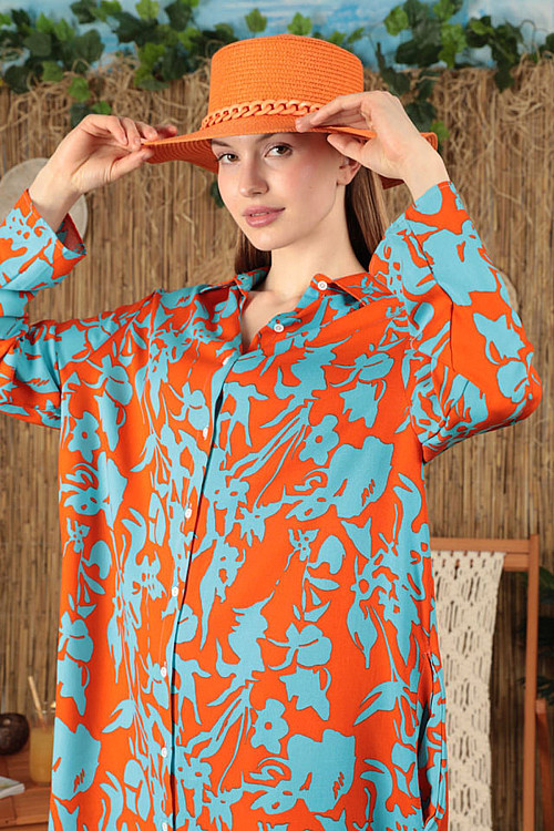Viskon Kumaş Çiçek Desen Kadın Gömlek Elbise-Oranj