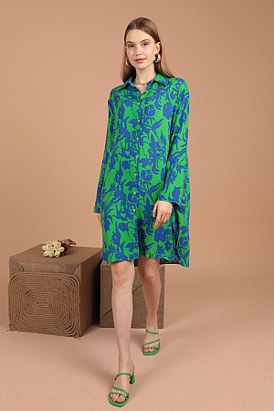 Viskon Kumaş Çiçek Desen Kadın Gömlek Elbise-Yeşil