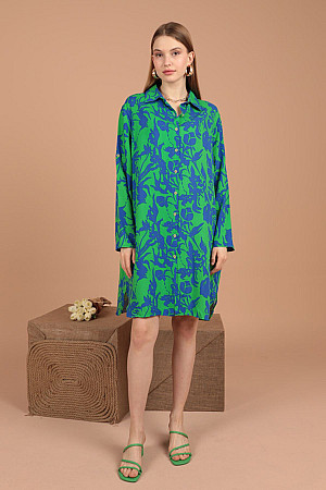 Viskon Kumaş Çiçek Desen Kadın Gömlek Elbise-Yeşil
