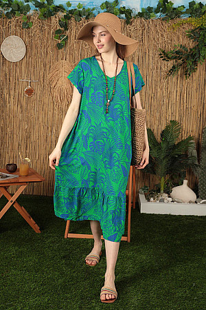 Viskon Kumaş Yaprak Desen Altı Fırfırlı Kadın Elbise-Yeşil