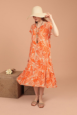 Viskon Kumaş Yaprak Desen Altı Fırfırlı Kadın Elbise-Oranj