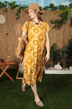 Viskon Kumaş Batik Desen Eteği Fırfırlı Kadın Elbise-Sarı