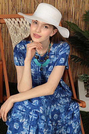 Viskon Kumaş Batik Desen Eteği Fırfırlı Kadın Elbise-Saks