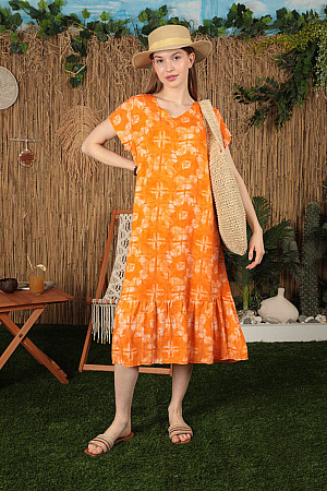 Viskon Kumaş Batik Desen Eteği Fırfırlı Kadın Elbise-Oranj