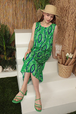 Viskon Kumaş Batik Desen Kadın Elbise-Yeşil