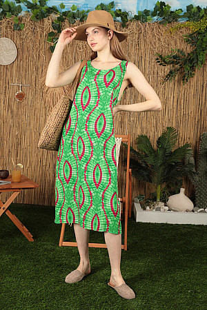 Viskon Kumaş Batik Desen Kadın Elbise-Yeşil/Fuşya