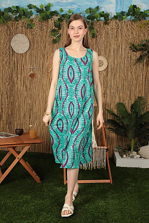 Viskon Kumaş Batik Desen Kadın Elbise-Mint