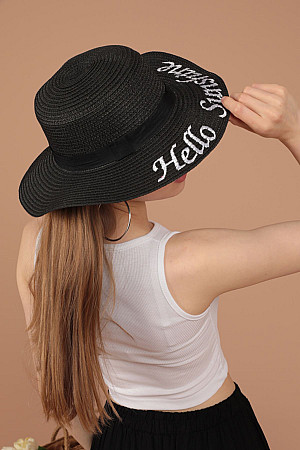 Hasır Hello Sunshine Nakışlı Kadın Şapka-Siyah