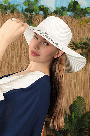 Hasır Beach Please Yazılı Kadın Şapka-Beyaz