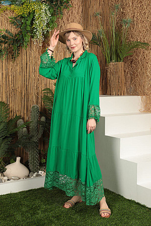 Viskon Kumaş Dantel Espirili Kadın Elbise-Yeşil