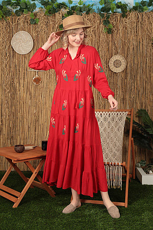 Viskon Kumaş Çıtır Çiçek Desen Kadın Elbise-Kırmızı