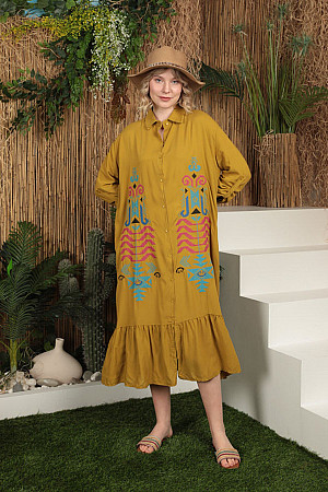 Viskon Kumaş Renkli Nakış Kadın Elbise-YAĞ YEŞİLİ
