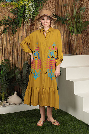 Viskon Kumaş Renkli Nakış Kadın Elbise-YAĞ YEŞİLİ